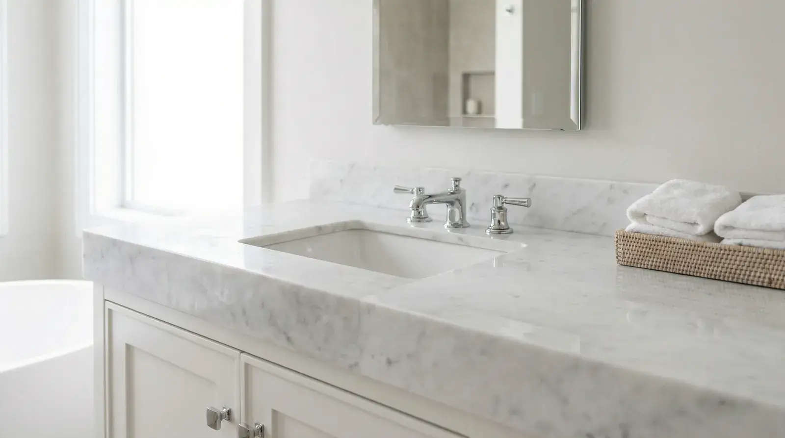 Marble vanity countertop after professional cleaning and polishing