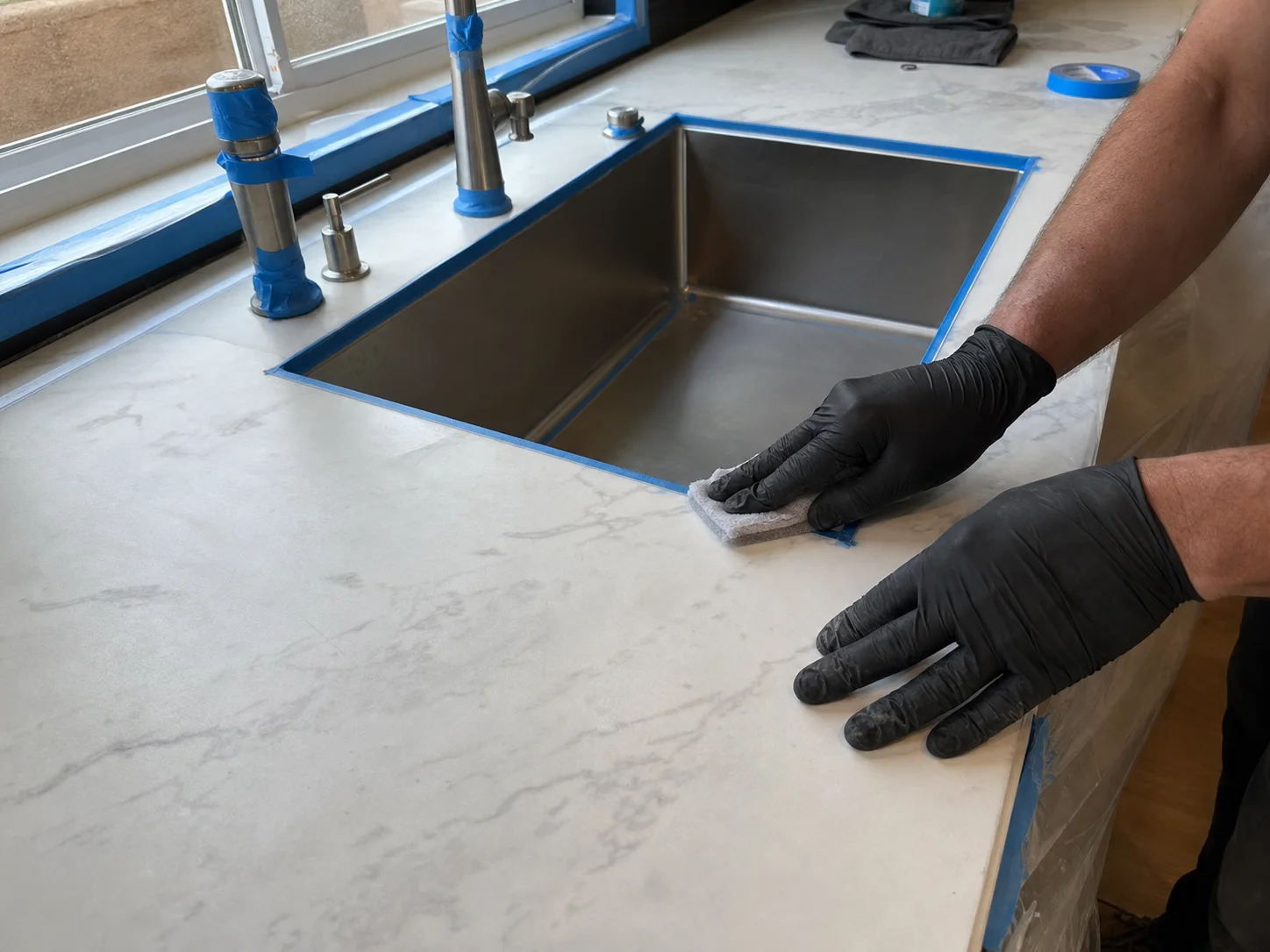 Detailed cleaning around a porcelain countertop sink