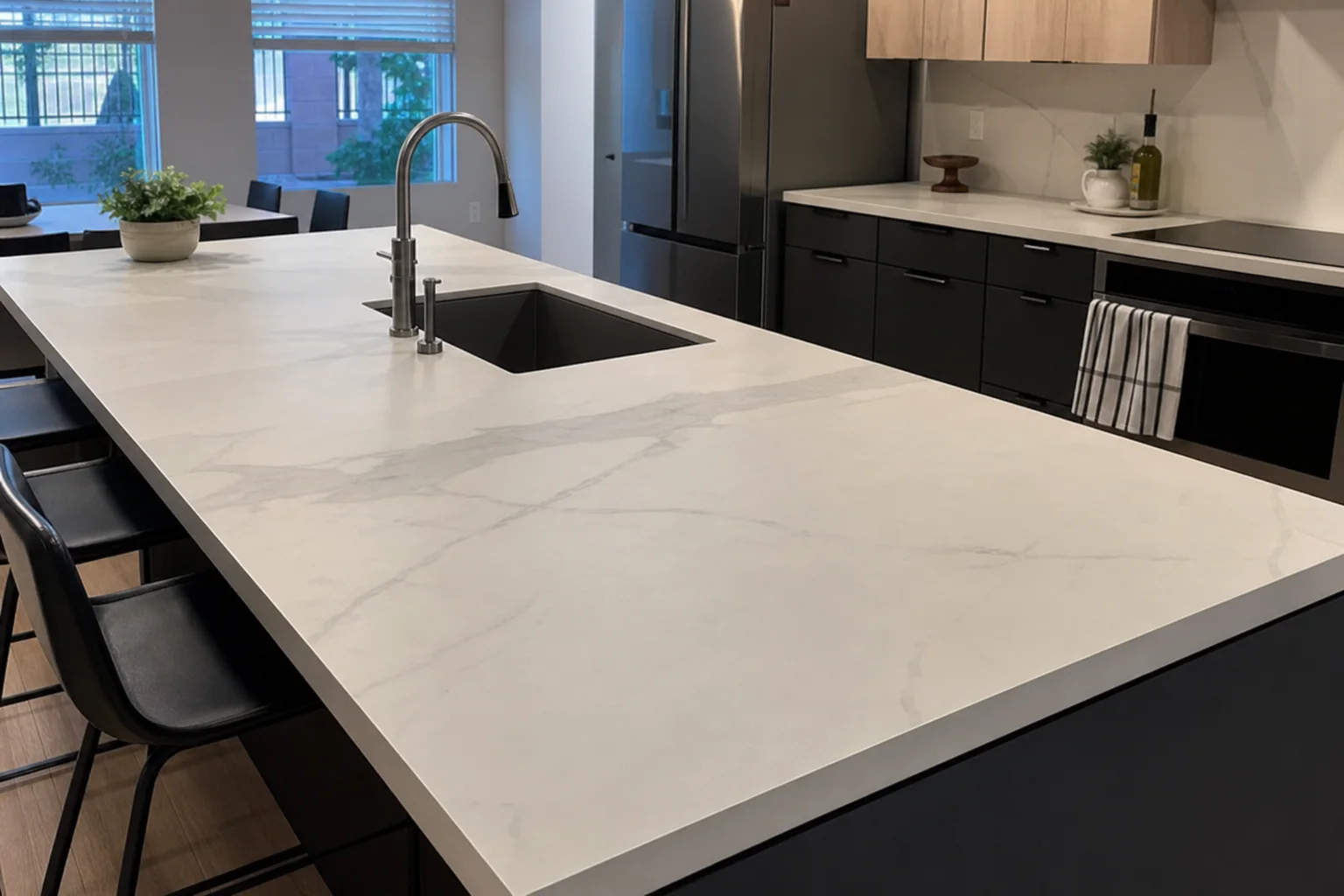 Porcelain kitchen island countertop with an even satin finish