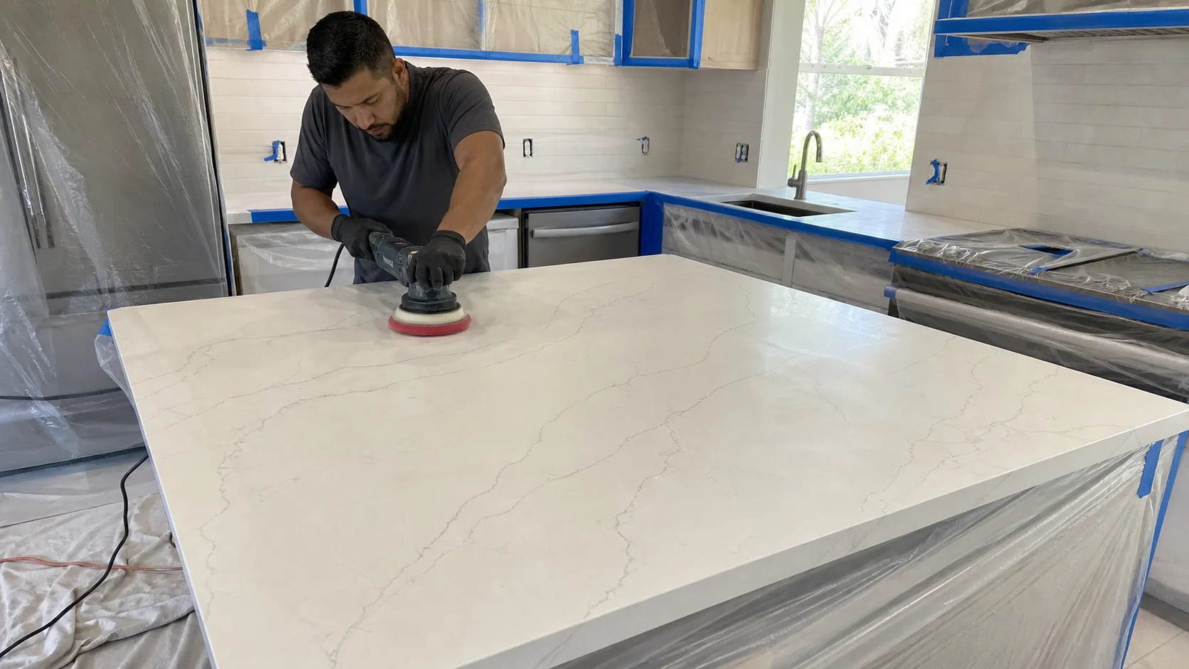 Professional porcelain countertop polishing in a protected kitchen
