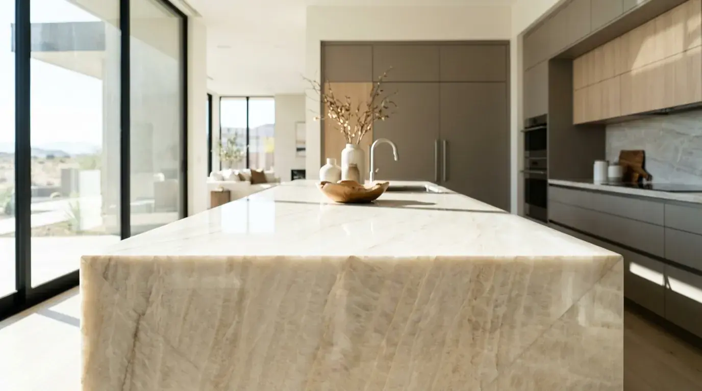 Quartzite kitchen island countertop with an even finish