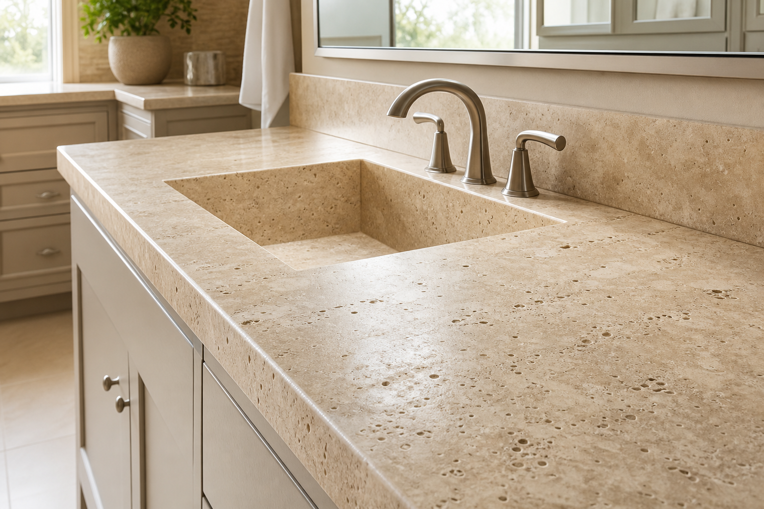 Travertine bathroom countertop with a polished integrated sink