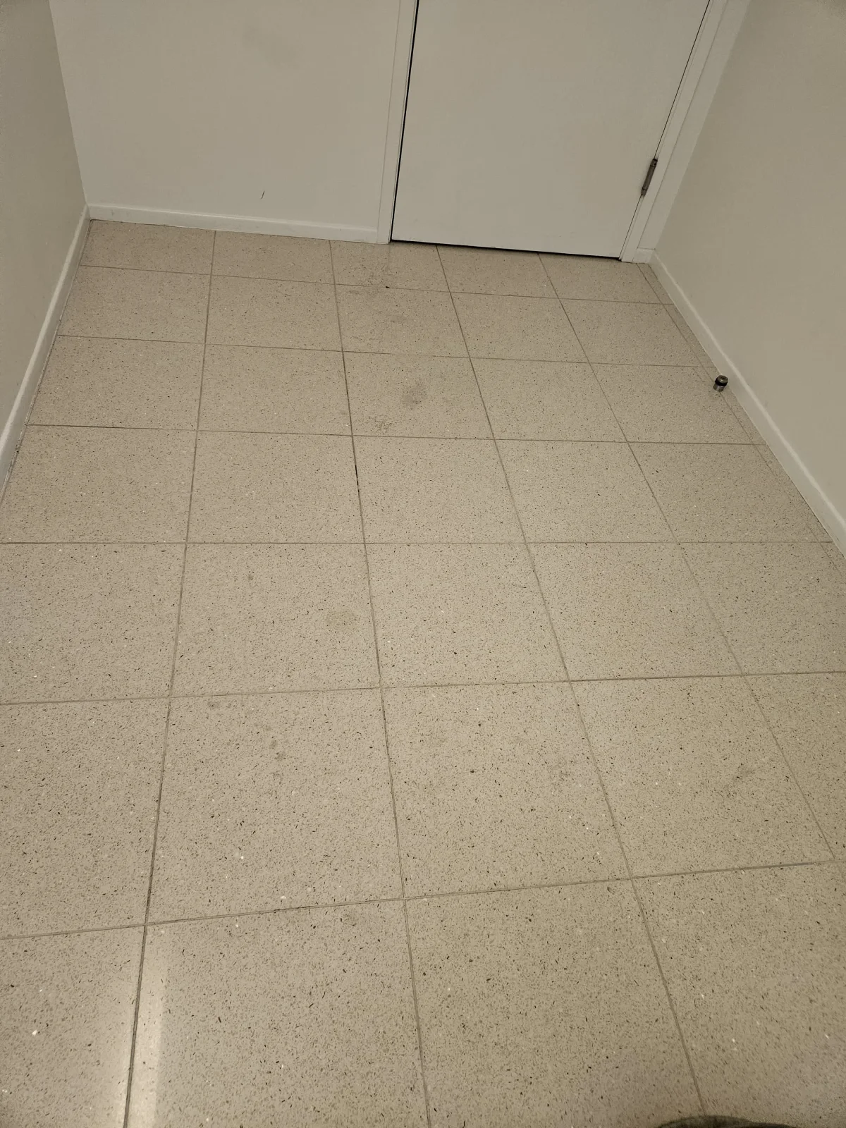 Real tiled floor viewed in an adjoining room before the surface-care decision