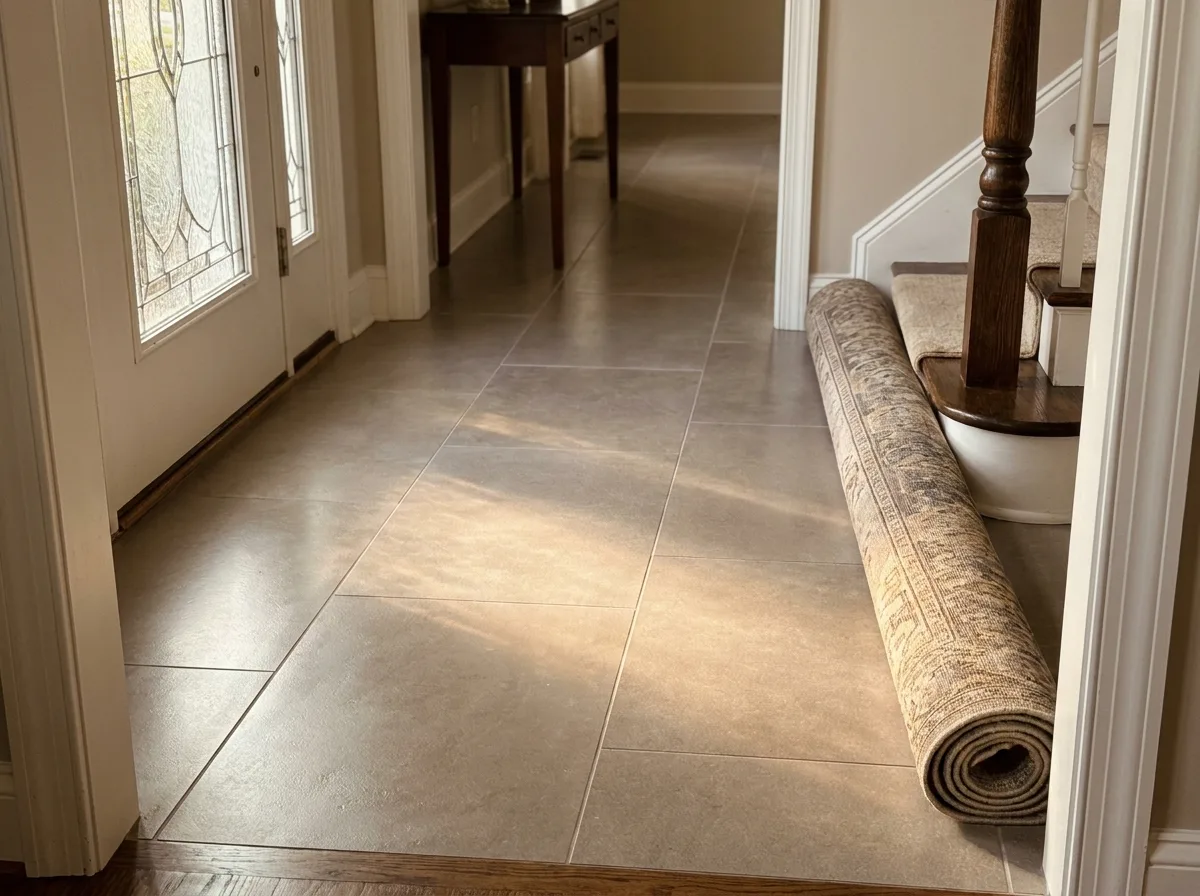 Natural-stone floor with a soft reflected finish