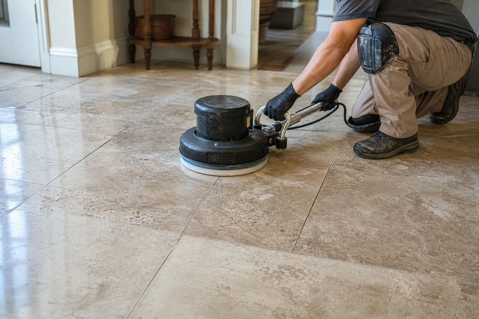Technician polishing natural stone in a home