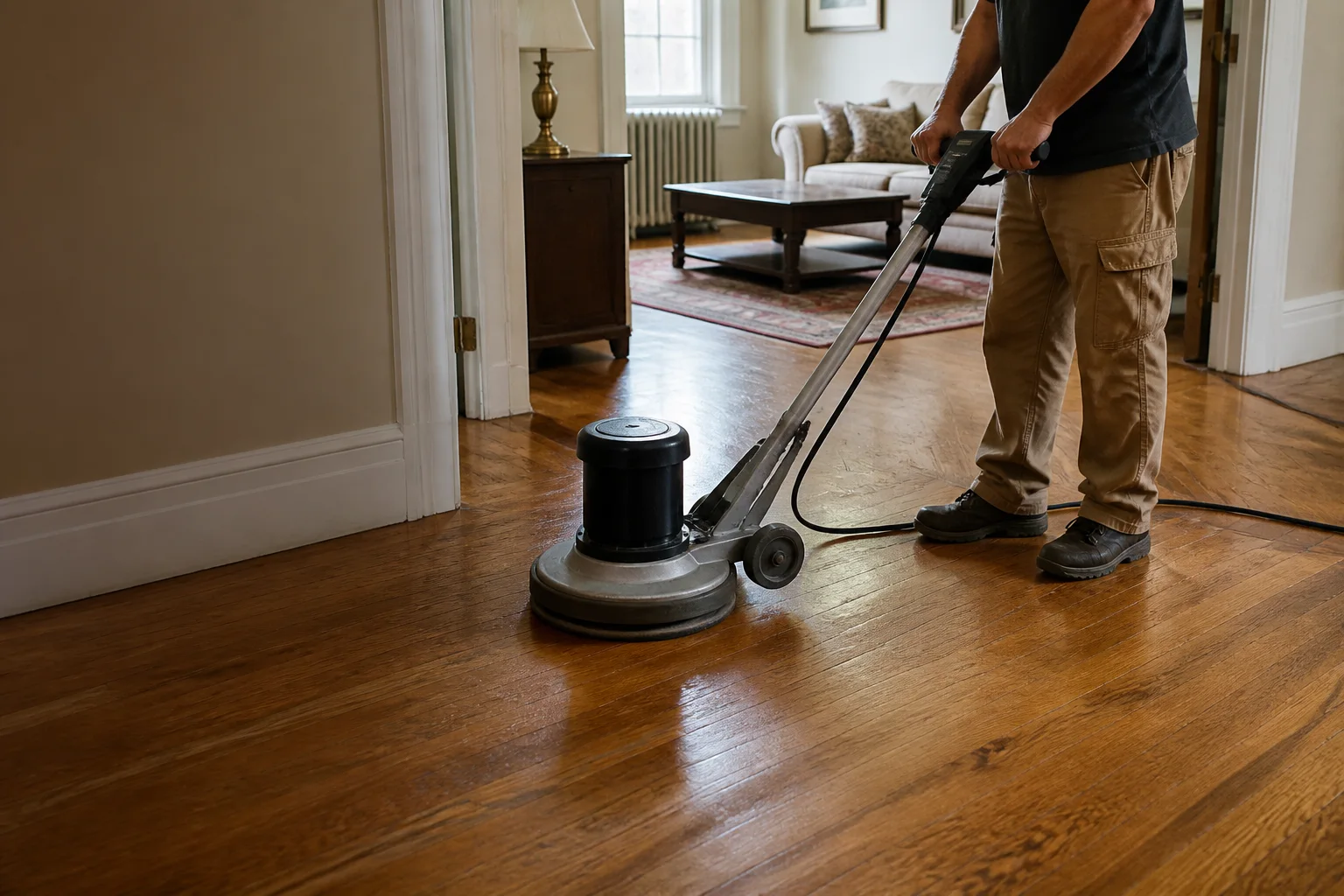 Technician renewing an existing hardwood floor