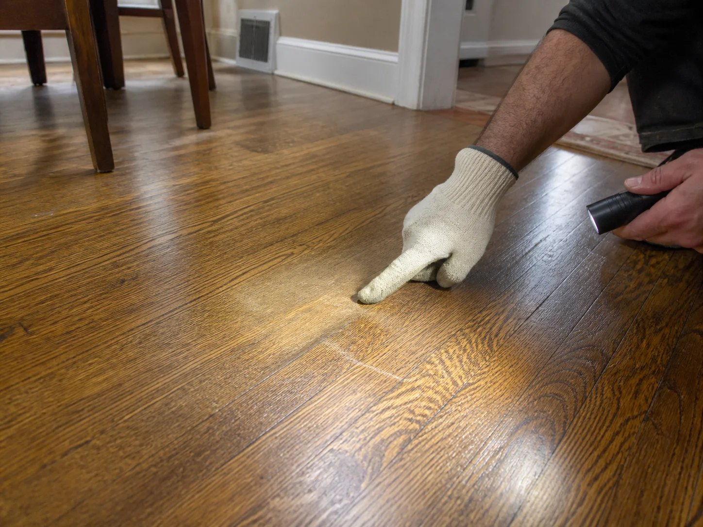 Close inspection of a hardwood floor finish