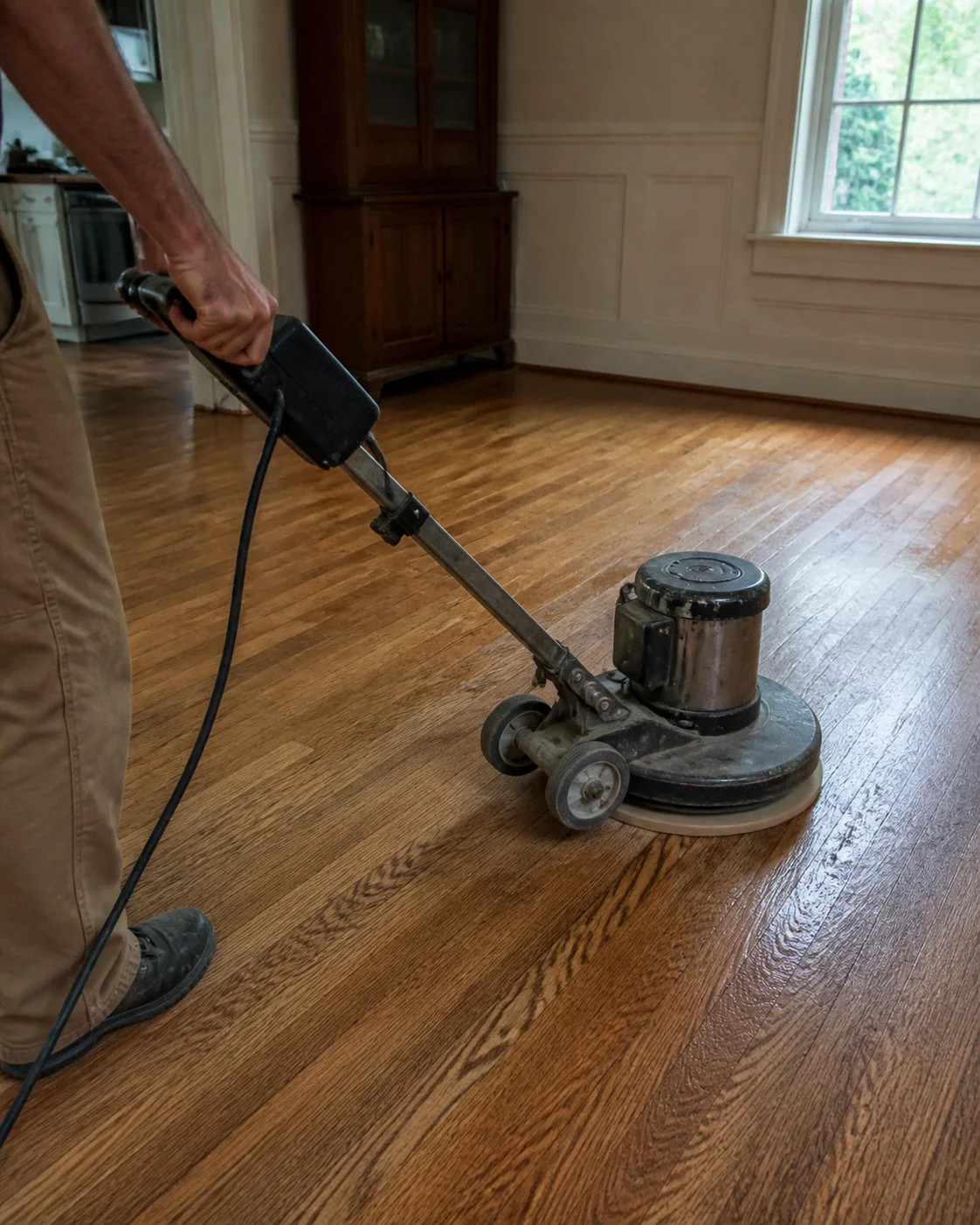 Floor buffer working across an oak floor