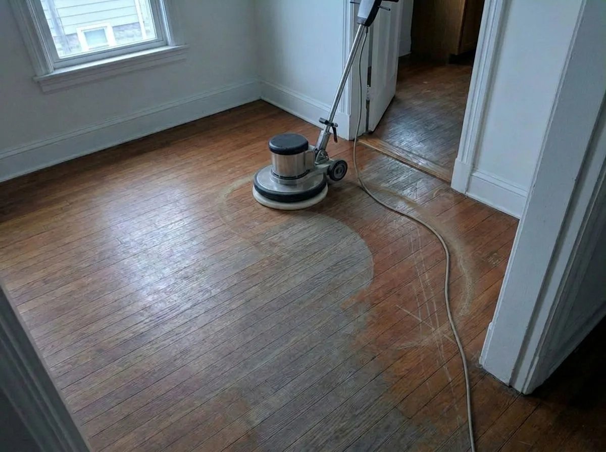 Floor buffer in use on hardwood flooring