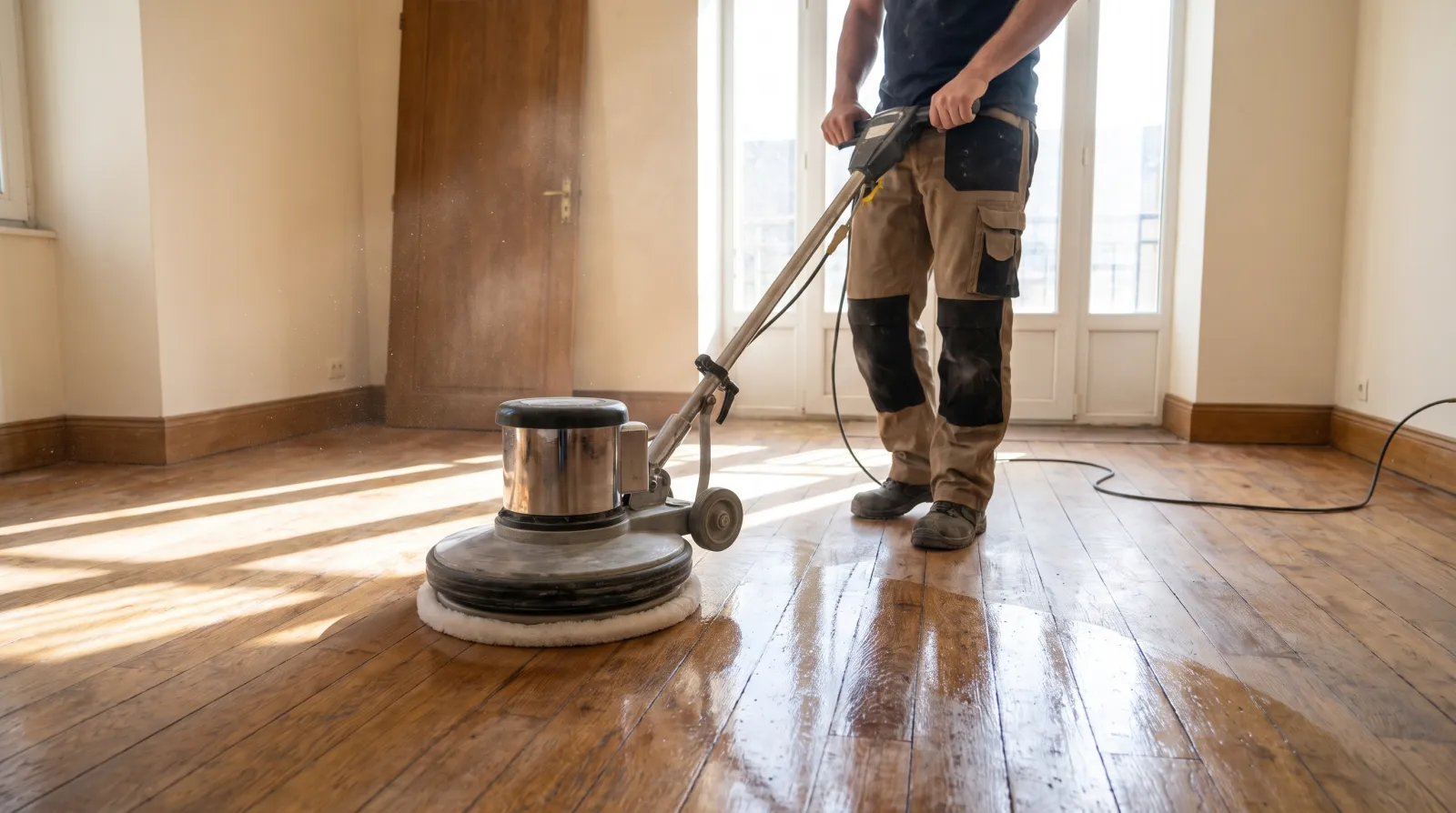 Buffing machine polishing a hardwood floor to a high-gloss finish in a Richmond, VA home