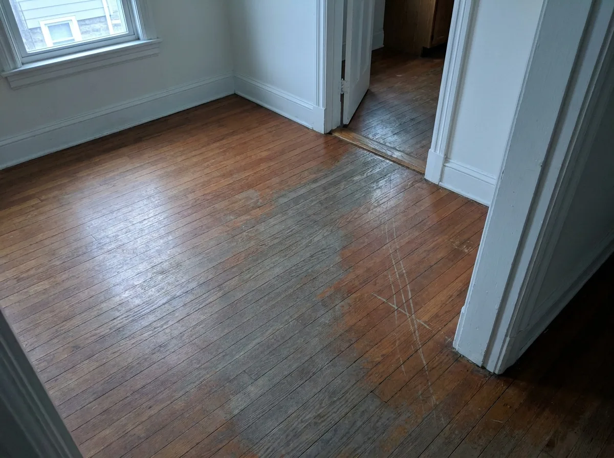 Hardwood floor with visible surface dullness