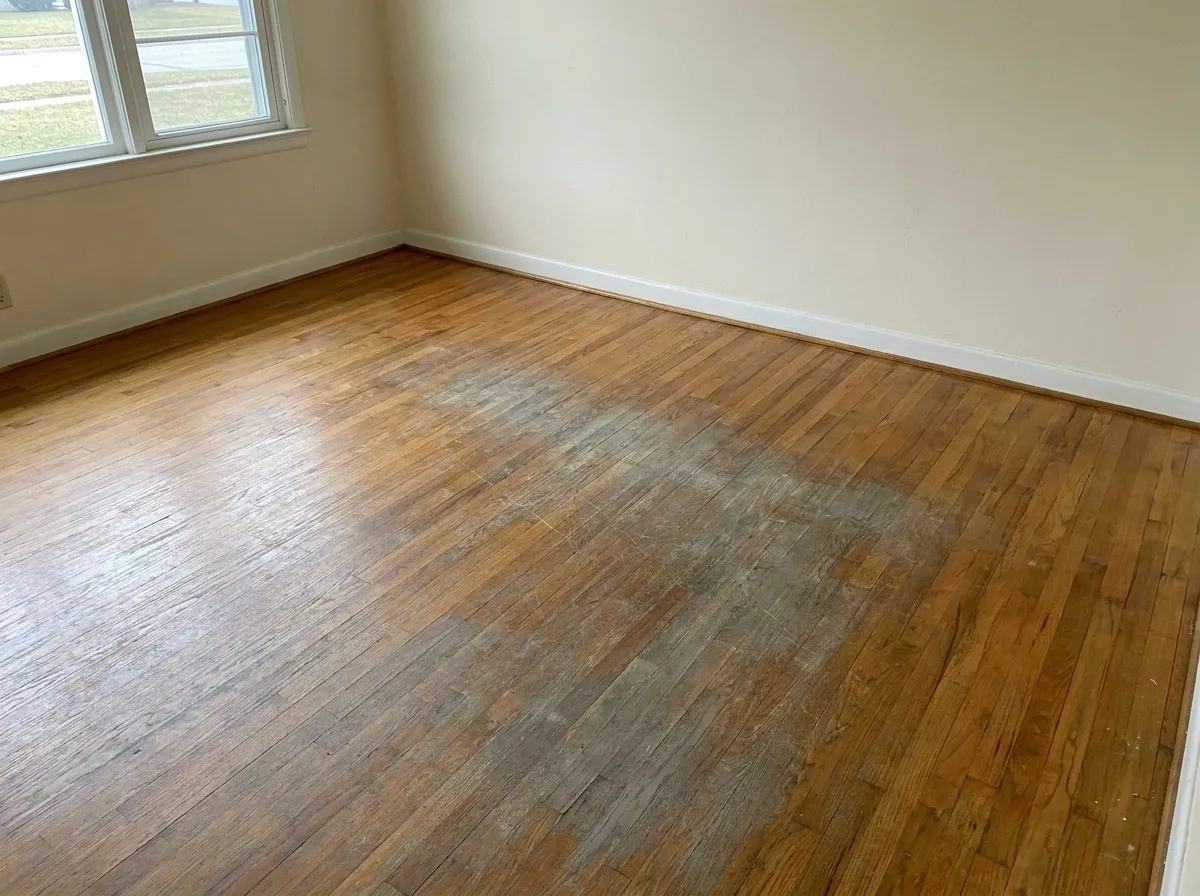 Hardwood traffic lane showing visible wear in the surface finish