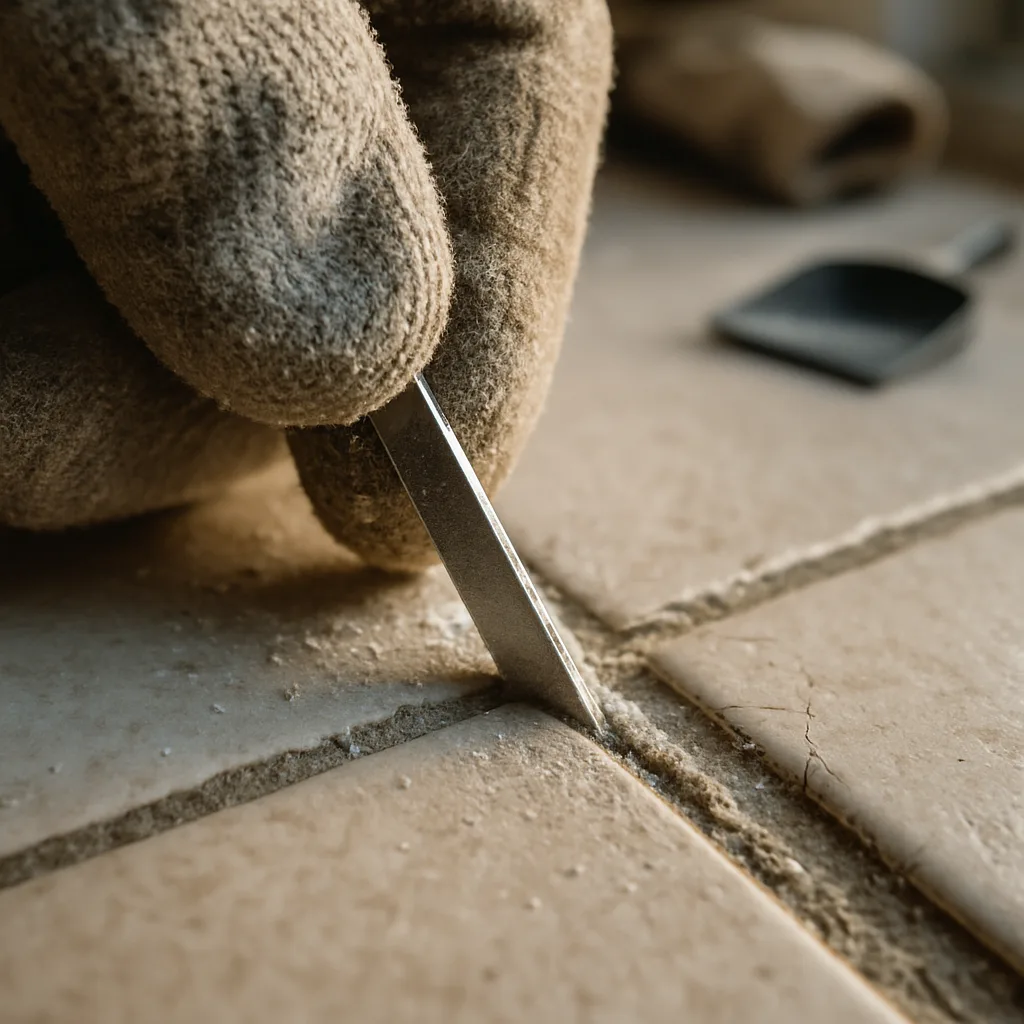 grout removal close up crumbling line Chester tile