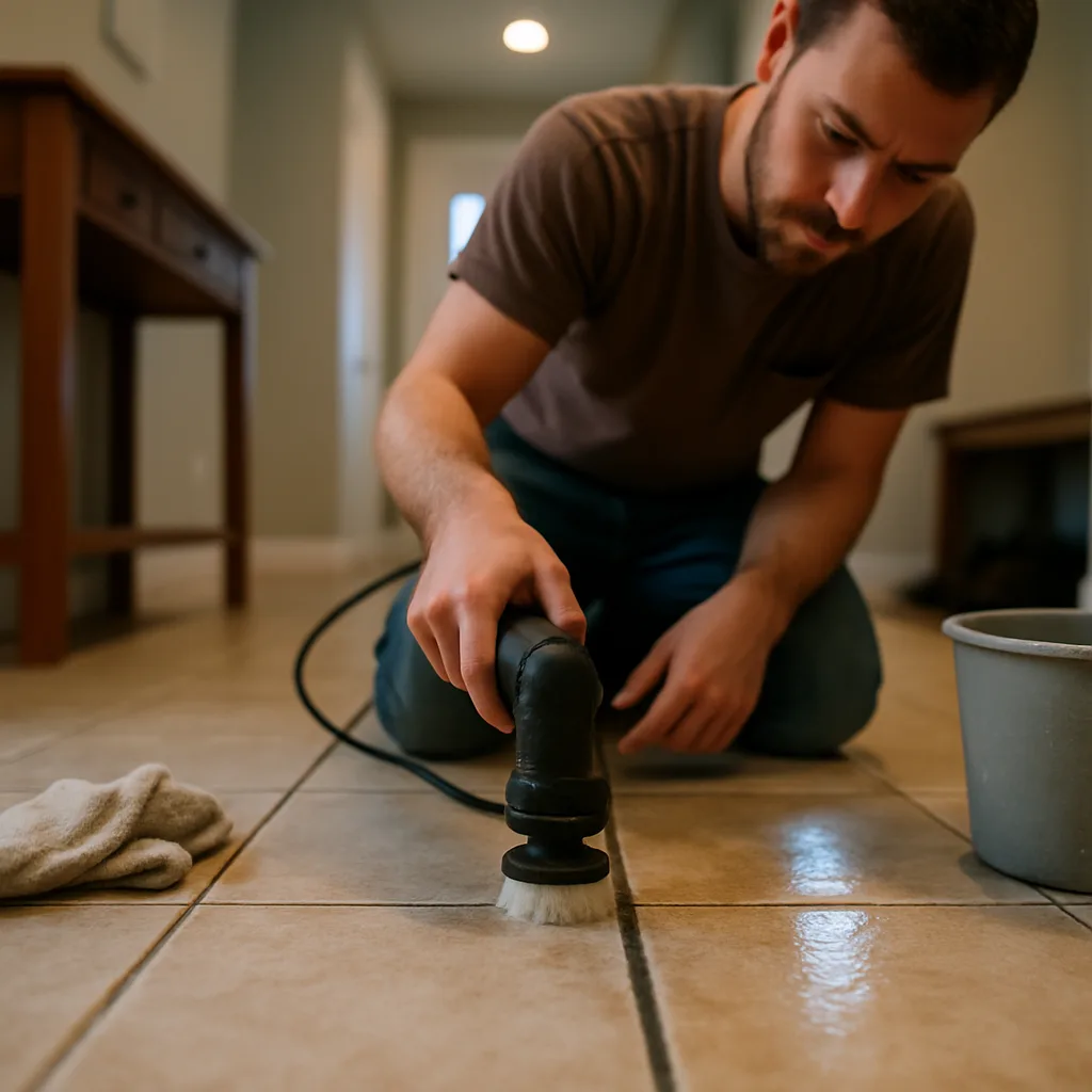 tile grout restoration worker scrubbing floor Chester