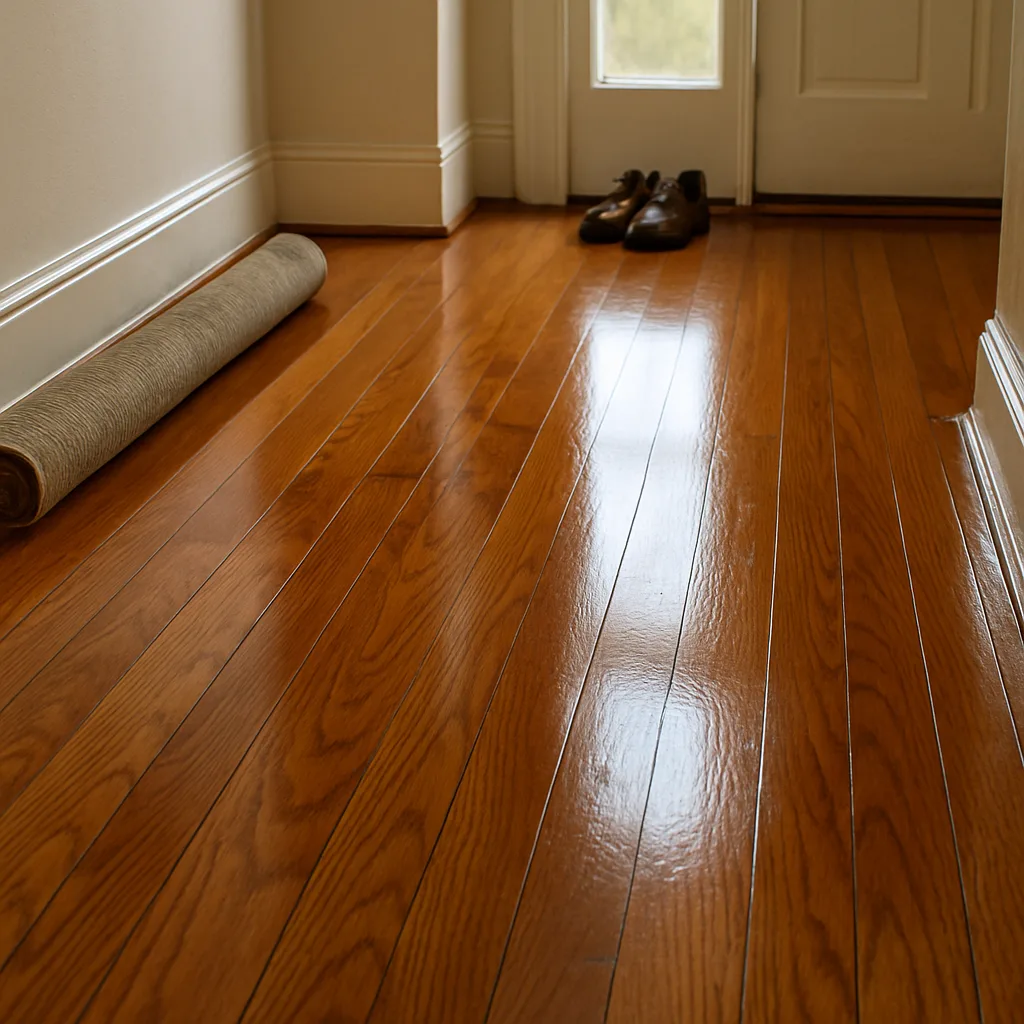 wood floor recoating finished hallway result Chester