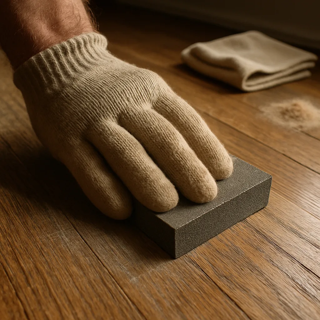 wood floor recoating surface prep scuffs Chester