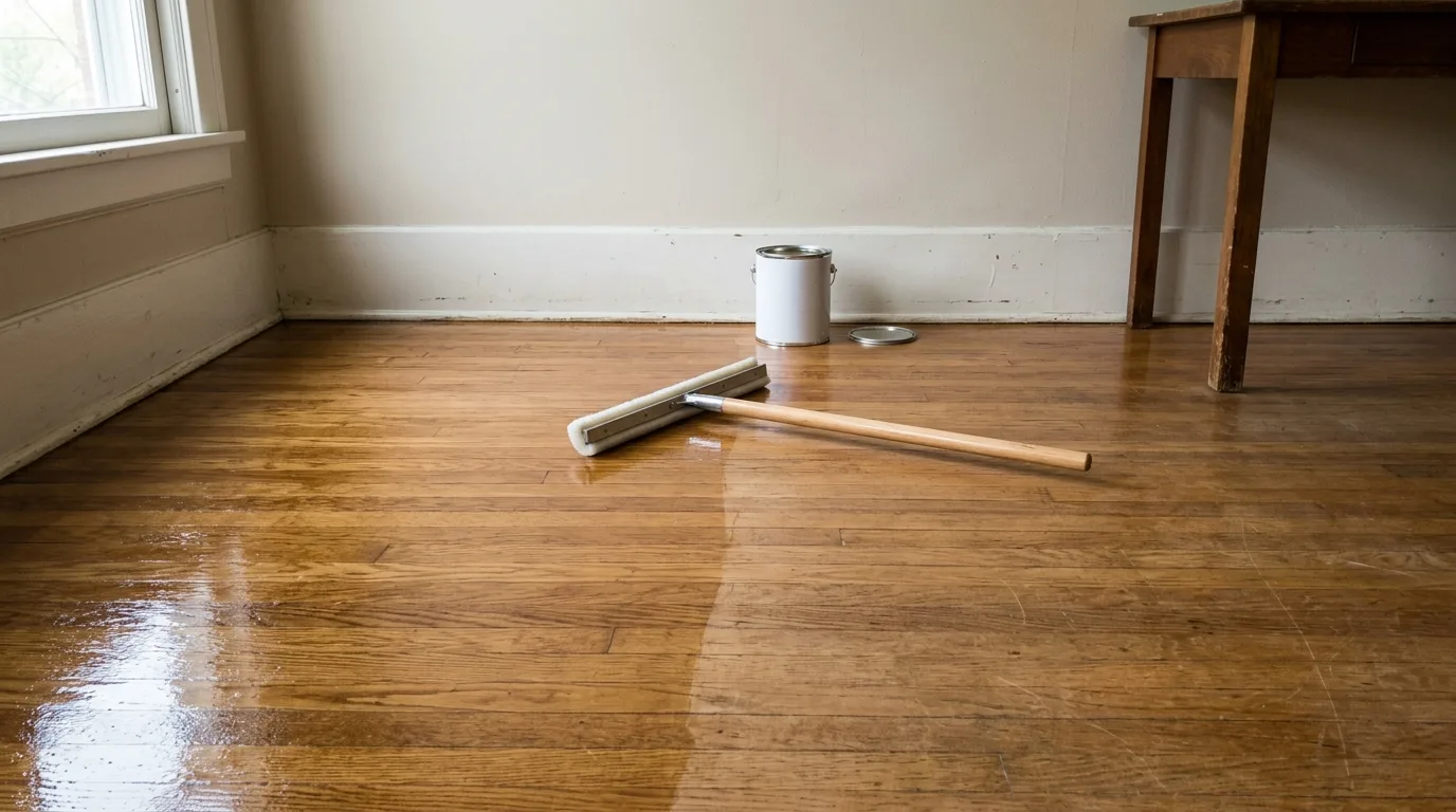 Maintenance coat being applied to a prepared hardwood floor