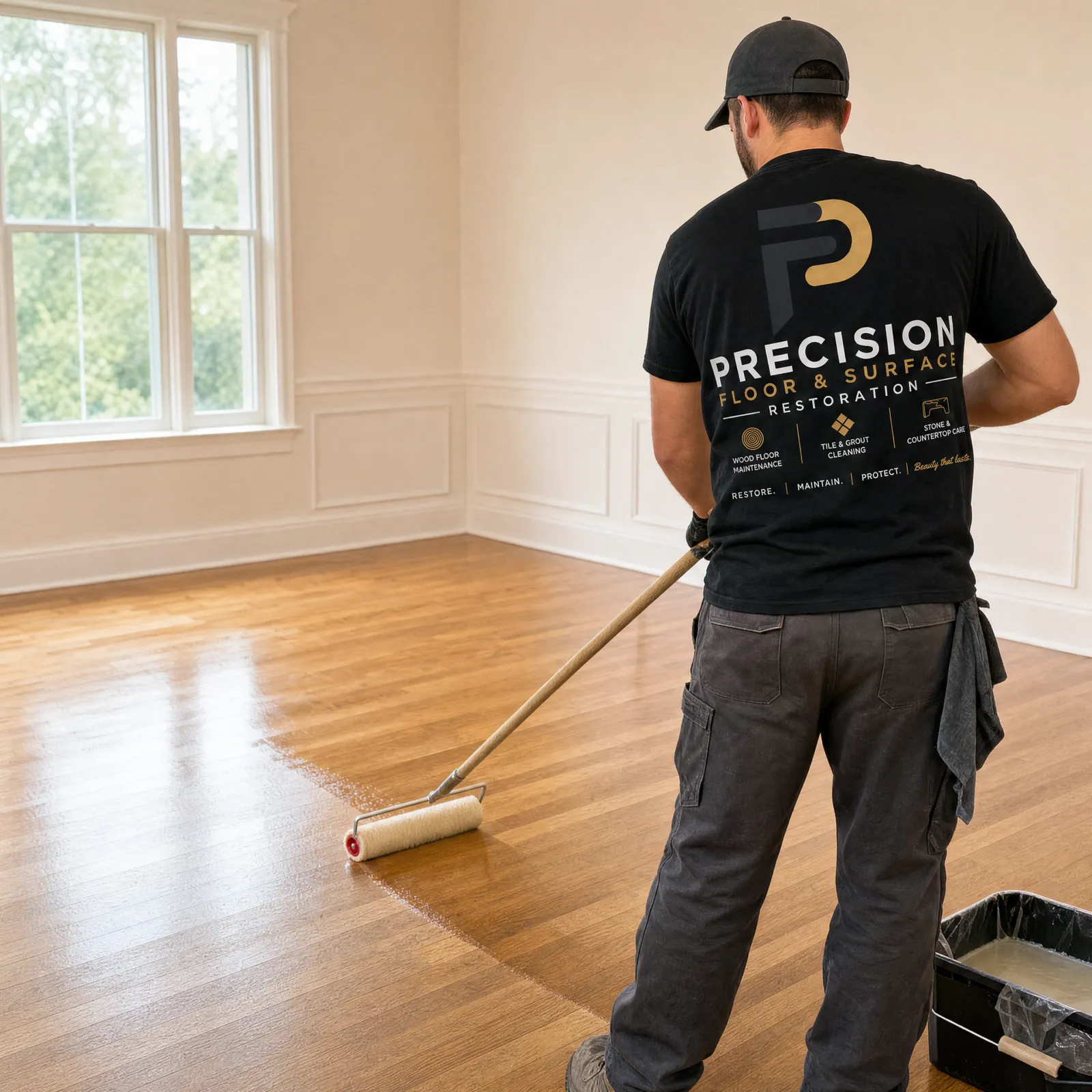 Precision Floor & Surface Restoration technician applying finish to a hardwood floor in Richmond, VA