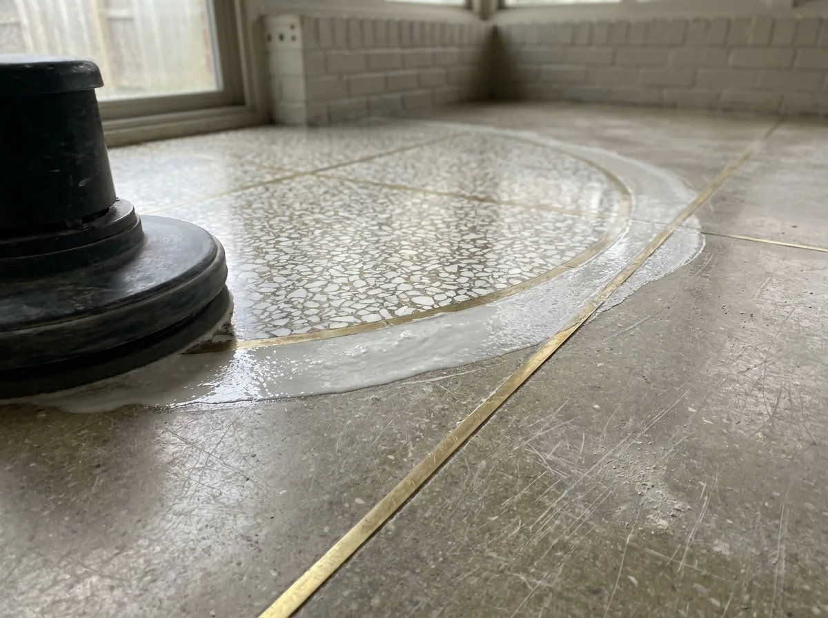 Terrazzo surface and divider strips during polishing