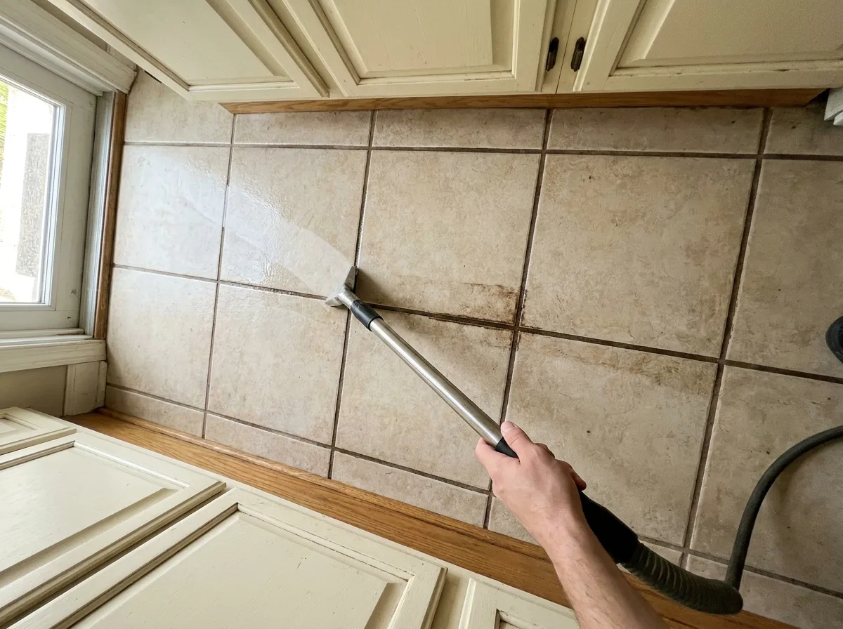 Cleaning equipment positioned over tile and grout lines