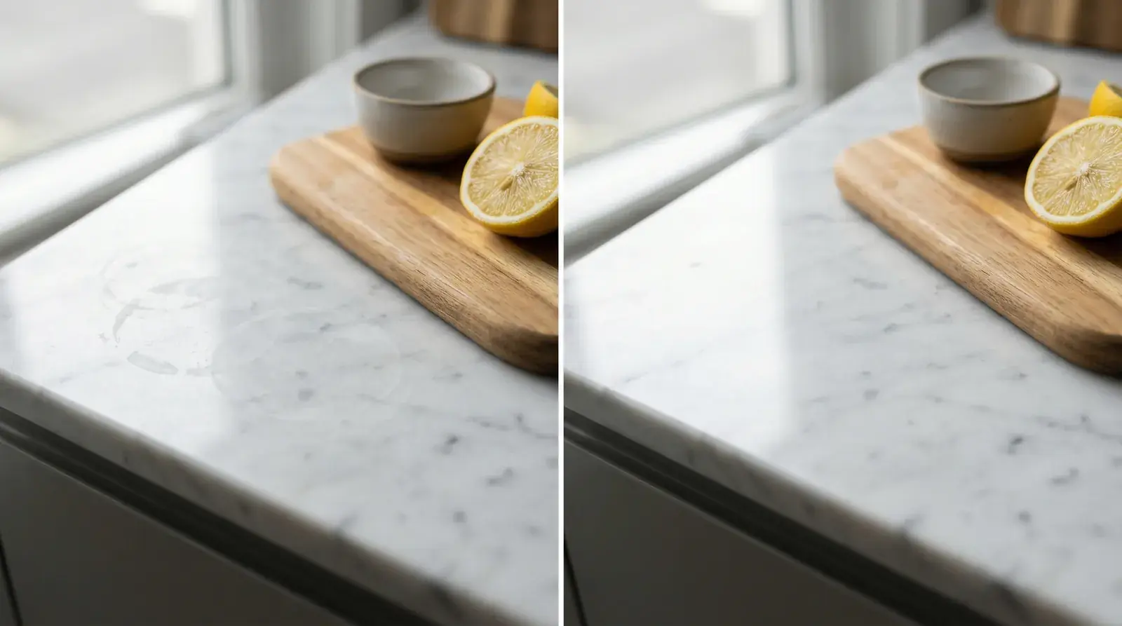 Real marble surface showing the visible correction of etching through professional refinement