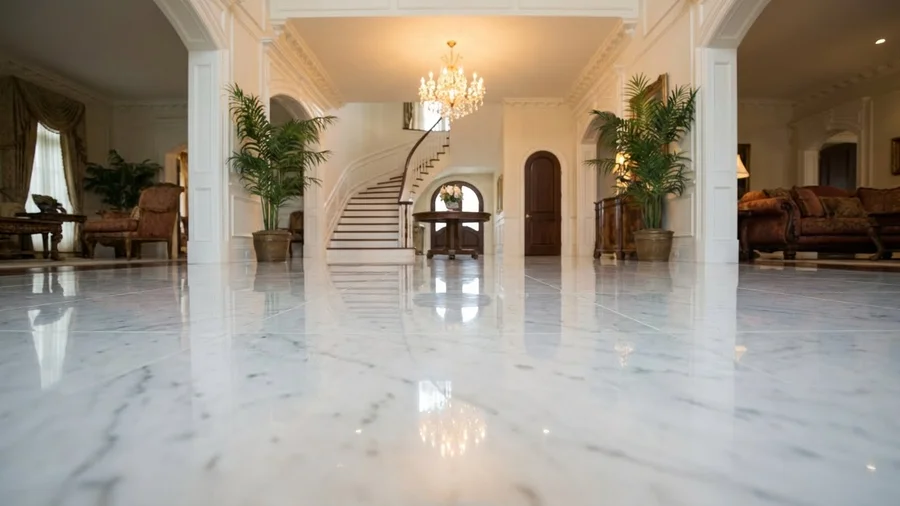 Polished marble entryway floor reflecting the surrounding residential interior