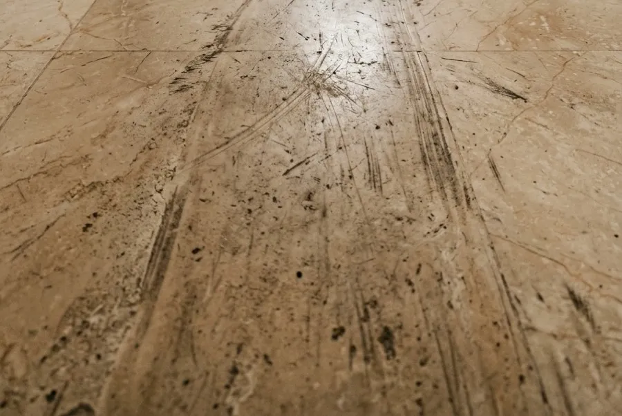 Close view of traffic wear and scratches across a real marble floor before restoration